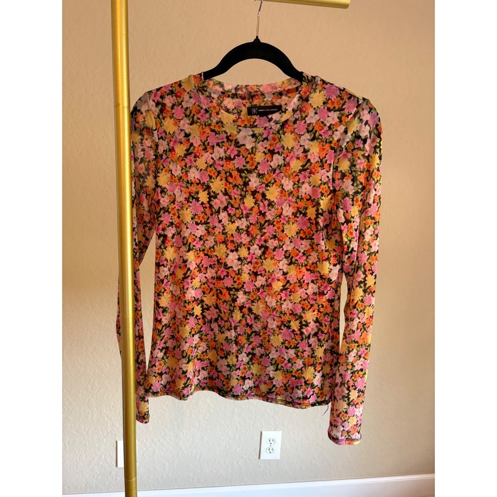 INC Top Pink Orange Floral Mesh Long Sleeve S Dark Cottagecore Whimsigoth